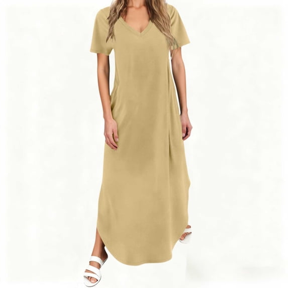 Cmfcve Women's Summer Maxi Dress Casual Loose V Neck Sundress Short Sleeve Side Split Long Dresses With Functional Pockets