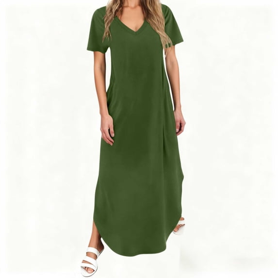 Cmfcve Women's Summer Maxi Dress Casual Loose V Neck Sundress Short Sleeve Side Split Long Dresses With Functional Pockets