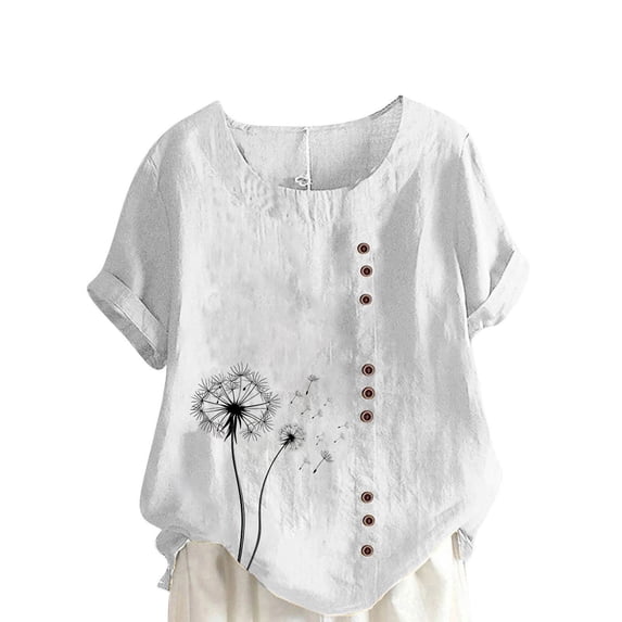 Cmfcve Women's Summer Oversize Tops Short Sleeve Round Neck Cotton Linen Tee Shirt Printed Henley Button Blouse