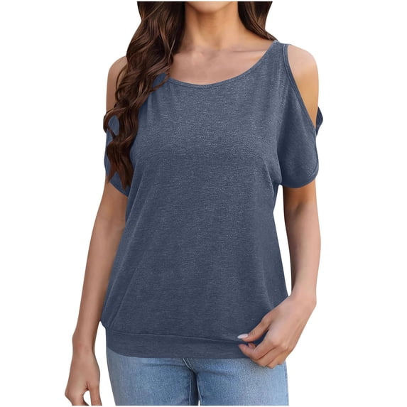 Cmfcve Women's Summer Plus Size Shirt Cold Shoulder Short Sleeve Blouse Tops Round Neck Soild Color Gym Tee Shirt