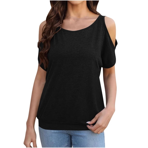 Cmfcve Women's Summer Plus Size Shirt Cold Shoulder Short Sleeve Blouse Tops Round Neck Soild Color Gym Tee Shirt