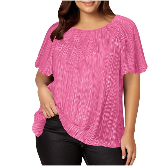 Cmfcve Women's Summer Plus Size Shirt Round Neck Short Sleeve Gauze Tops Breathable Loose Pullover Tee Shirt