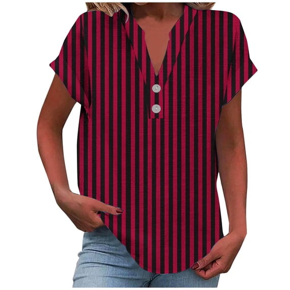 Cmfcve Women's Summer Plus Size Tee Shirt V-Neck Short Sleeve Business Work Tops Classic Button Stripe Gauze Blouses