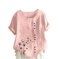 thumbnail image 1 of Cmfcve Women's Summer Plus Size Tops Short Sleeve Round Neck Cotton Linen Tee Shirt Printed Henley Button Blouse, 1 of 5