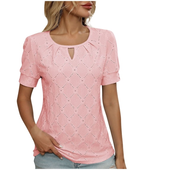 Cmfcve Women's Summer Shirt Short Sleeve Round Neck Daily Commuter Tops Stretchy Casual Gauze Shirts