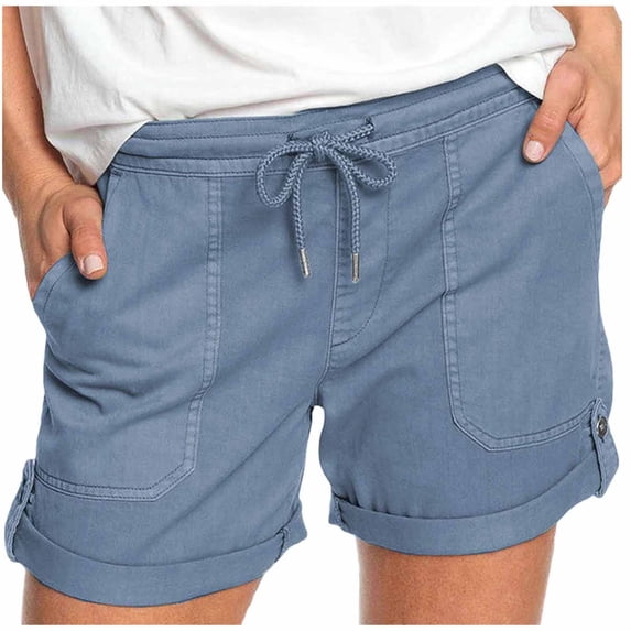 Cmfcve Women's Summer Shorts Drawstring Elastic Waist Casual Pull On Shorts Rolled Cuffed Denim Washed Jorts with Pockets