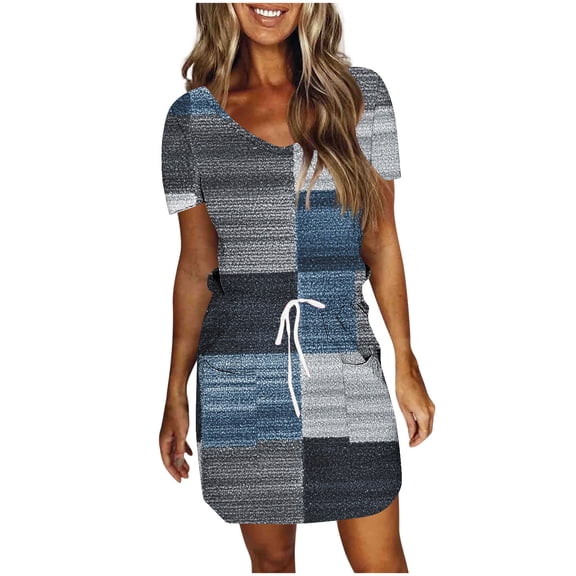Cmfcve Women's Summer T-Shirt Dress Short Sleeve Tie Bohemian Dress V-Neck Printed Midi Dresses with Pockets