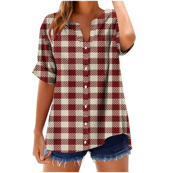 Cmfcve Women's Summer T-Shirt Plaid Button Up Gauze Shirts Short Sleeve V-Neck Tunic Tops