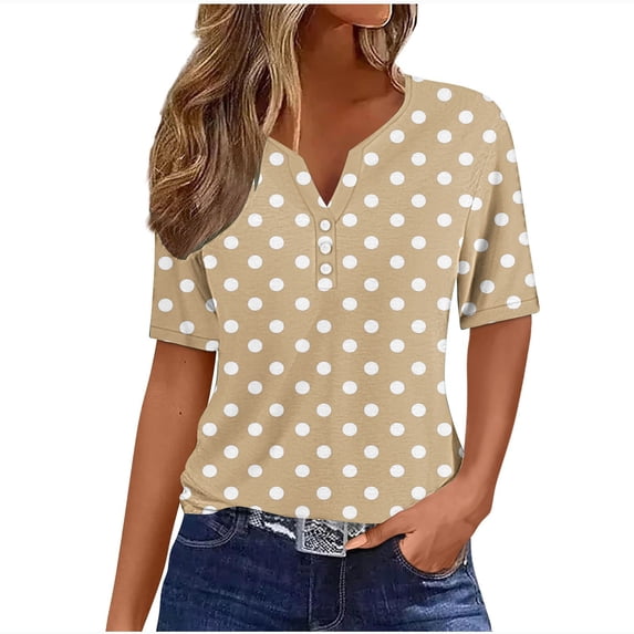 Cmfcve Women's Summer T-Shirt Polka Dot Henley Button T-Shirt Short Sleeve V-Neck Gauze Shirts