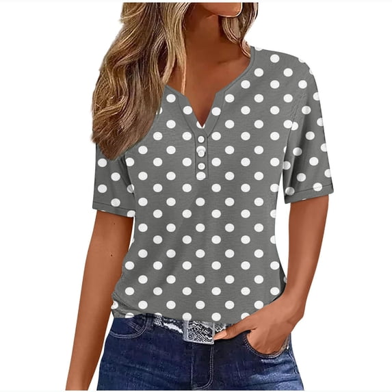 Cmfcve Women's Summer T-Shirt Polka Dot Henley Button T-Shirt Short Sleeve V-Neck Gauze Shirts