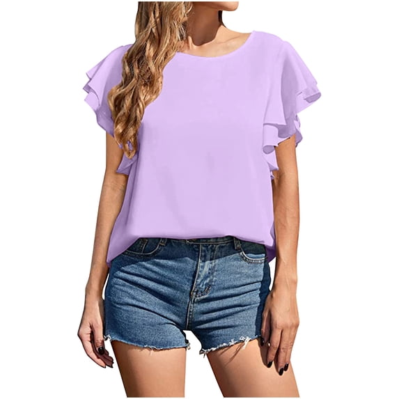 Cmfcve Women's Summer T-Shirt Ruffled Short Sleeve Gauze Blouses Round Neck Stretchy Tunic Tops