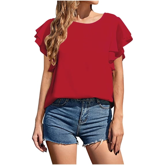 Cmfcve Women's Summer T-Shirt Ruffled Short Sleeve Gauze Blouses Round Neck Stretchy Tunic Tops