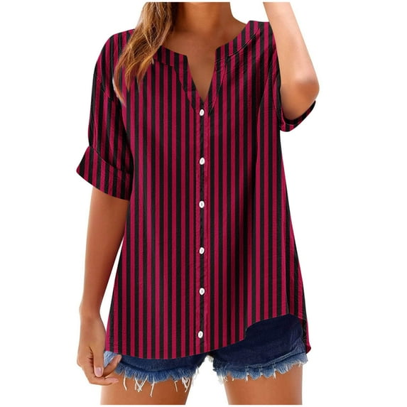 Cmfcve Women's Summer Tee Shirt Classic Button Stripe Gauze Blouses V-Neck Short Sleeve Business Work Tops