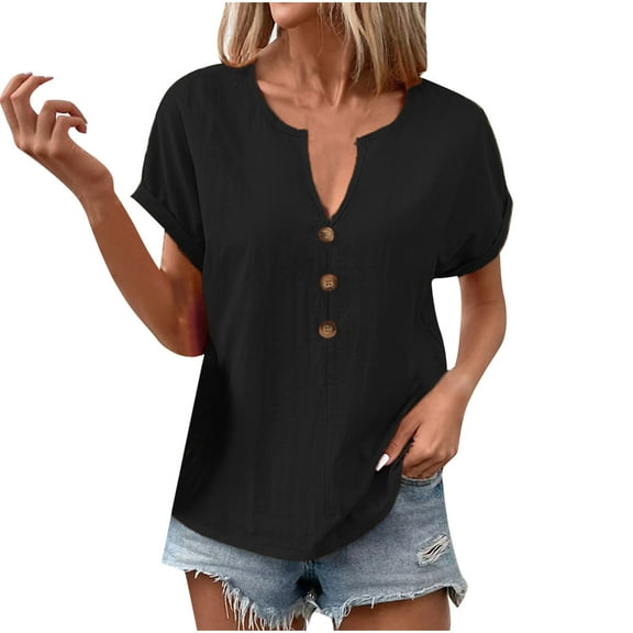 Cmfcve Women's Summer Tee Shirt Oversized Short Sleeve Gauze Blouses V-Neck Stretchy Henley Button Shirts