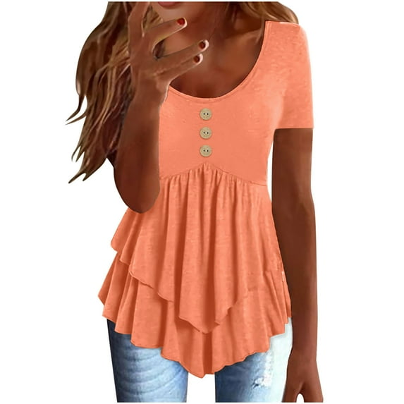 Cmfcve Women's Summer Tee Shirt Short Sleeve Round Neck Gauze Blouses Stretchy Button Henley Shirts