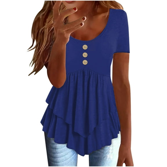 Cmfcve Women's Summer Tee Shirt Short Sleeve Round Neck Gauze Blouses Stretchy Button Henley Shirts