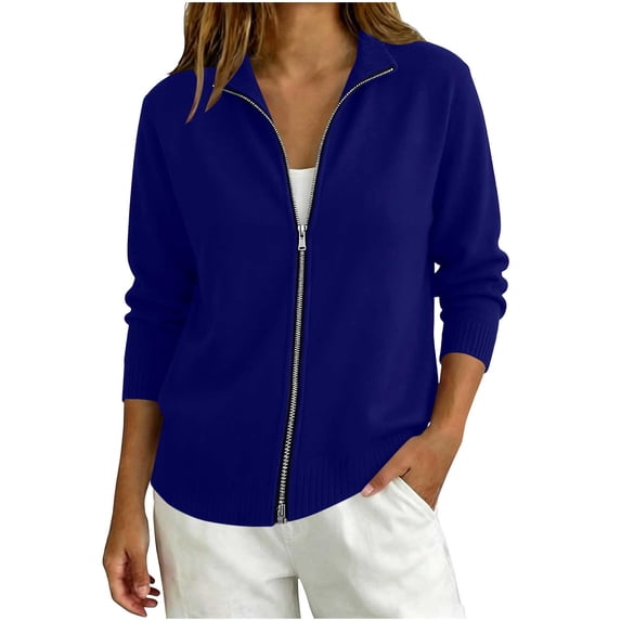 Cmfcve Women's Sweater Jackets Zip Up Long Sleeve Knit Tops Stand Collar Casual Loose Fit Cardigans with Pockets