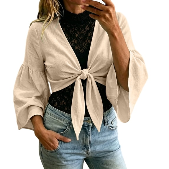 Cmfcve Women's Tie Front Crop Cardigans Long Bell Sleeve Cotton Linen Shrugs Casual Summer Beach Cover Ups