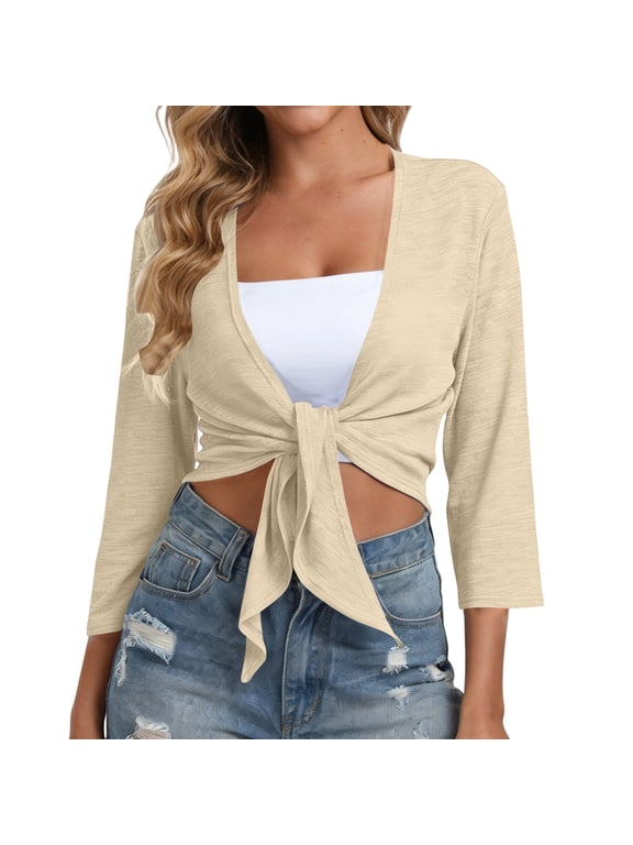 Women's Tie Front Shrug Lightweight 3/4 Sleeve Cardigans Summer Casual Short Shawls Top