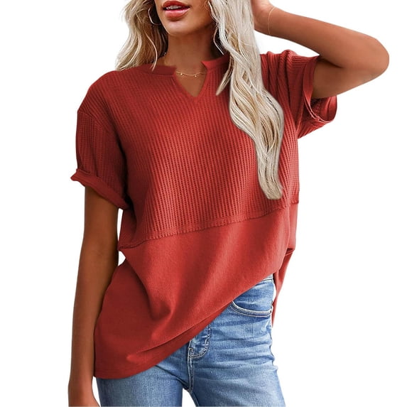 Cmfcve Women's Tops Waffle Knit V Neck Short Sleeve T Shirt Casual Loose Fit Blouses