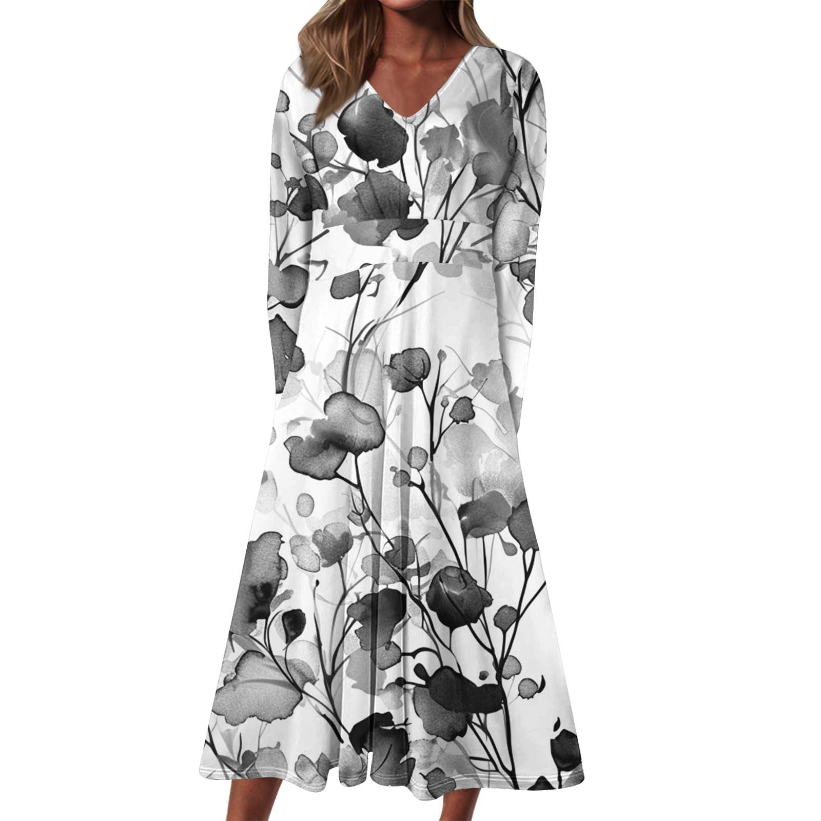 Cmfcve Women #39 s Travel Dresses Long Sleeve Floral Print Mid Length Dress Cmfcve Women #39 s Travel Dresses Long Sleeve Floral Print Mid Length Dress