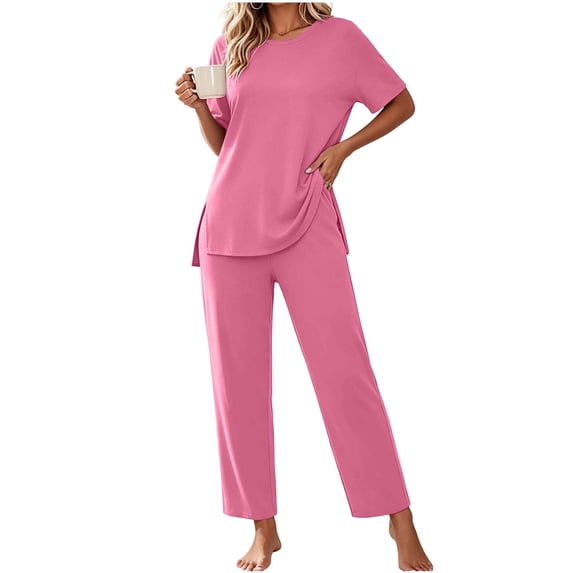 Cmfcve Women's Two Piece Lounge Sets Short Sleeve Tops and Wide Leg Pants Set Casual Summer Pjamas Set