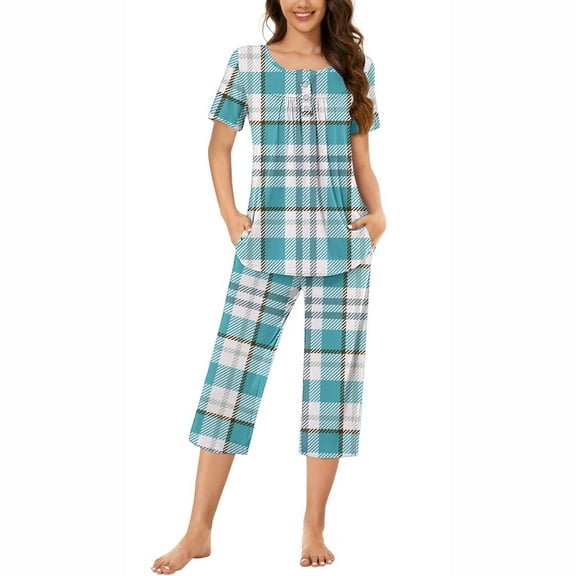 Cmfcve Women's Two-Piece Pajama Sets Checkered Printed Button-Up Pleated Lounge Set Round Neck Short Sleeve Top and Capri Pants Sleepwear Set with Pockets