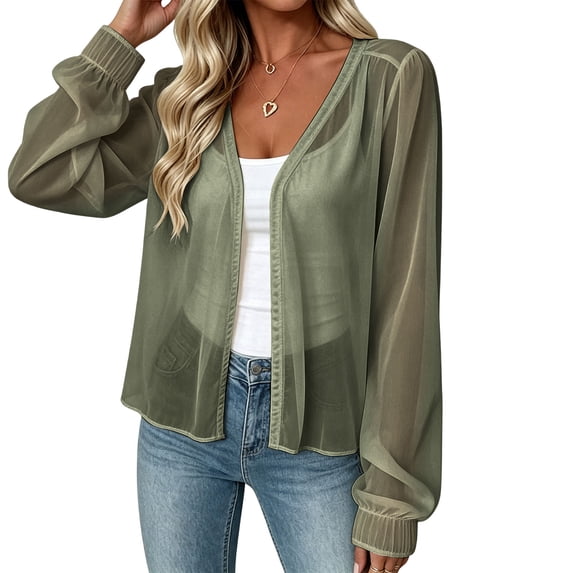 Cmfcve Women's V Neck Long Sleeve Cardigans Chiffon Open Front Shrugs Lightweight Sheer Summer Beach Cover-Up Tops