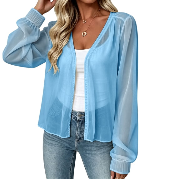 Cmfcve Women's V Neck Long Sleeve Cardigans Chiffon Open Front Shrugs Lightweight Sheer Summer Beach Cover-Up Tops