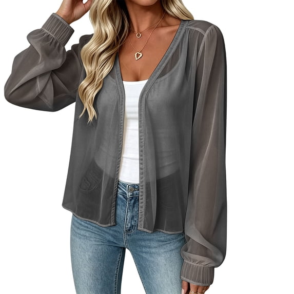 Cmfcve Women's V Neck Long Sleeve Cardigans Chiffon Open Front Shrugs Lightweight Sheer Summer Beach Cover-Up Tops