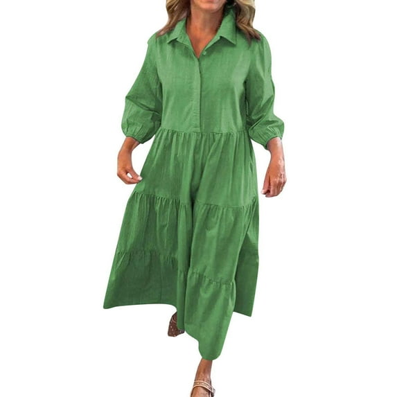 Cmfcve Women's Wear to Work Dresses Long Sleeve Turndown Collar Shirt Dress Solid Color A-Line Oversized Puffed Dress