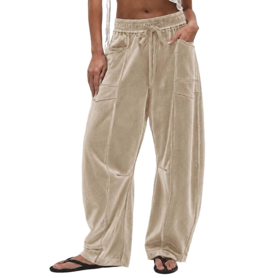 Cmfcve Women's Wide Leg Barrel Sweatpants Casual Daily Elastic Waist Velvet Long Pants with Pockets