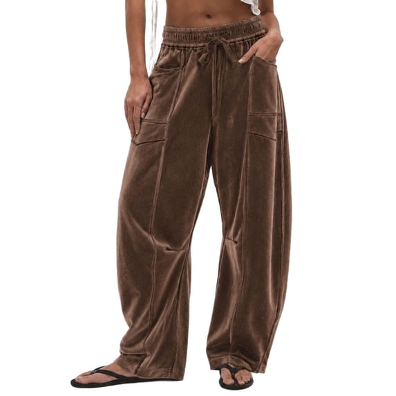 Cmfcve Women's Wide Leg Barrel Sweatpants Casual Daily Elastic Waist Velvet Long Pants with Pockets