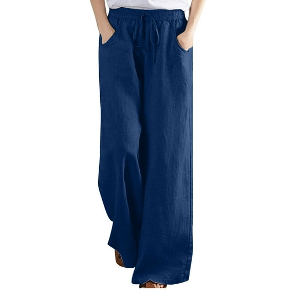 Cmfcve Women's Wide Leg Pants Autumn Solid Color Stretch Cotton Linen Trousers Straight Elastic Waist Leisure Sweatpants