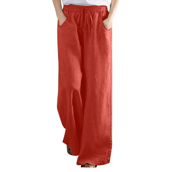 Cmfcve Women's Wide Leg Pants Autumn Solid Color Stretch Cotton Linen Trousers Straight Elastic Waist Leisure Sweatpants