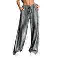 thumbnail image 1 of Cmfcve Women's Wide Leg Pants Elastic High Waisted Striped Casual Knit Palazzo Pants Drawstring Lounge Pajama Trousers, 1 of 8