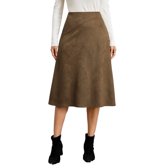 Cmfcve Women's Work Skirts High Waist Suede A-Line Skirt Fashion Fall Winter Midi Skirt