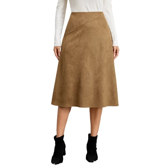 Cmfcve Women's Work Skirts High Waist Suede A-Line Skirt Fashion Fall Winter Midi Skirt