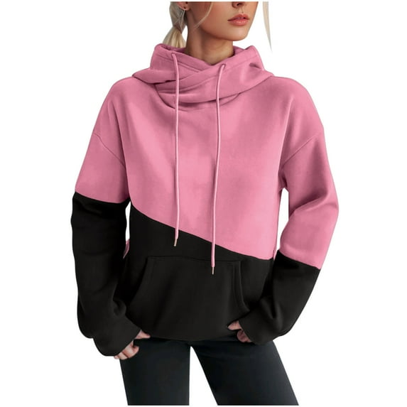 Cmfcve Women's Workout Sweatshirt Color Blocked High Neck Drawstring Athletic Hoodies Long Sleeved Patchwork Track Jackets with Pocket