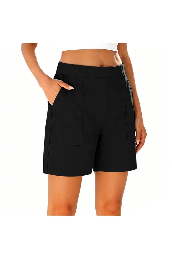 Womens Bermuda Shorts Pull On 7 Inch Inseam Mid Rise Stretch Summer Shorts with Pockets