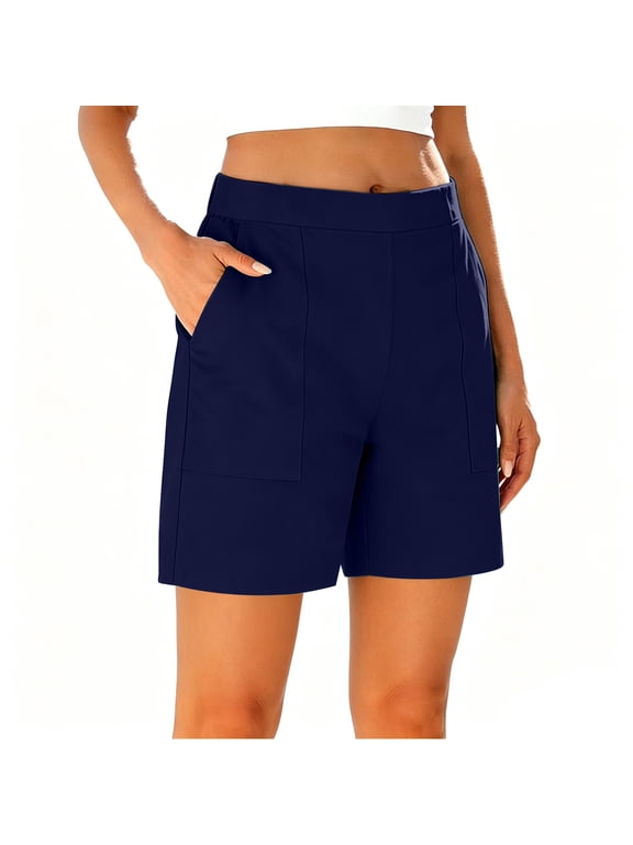 Womens 7 Inch Inseam Bermuda Shorts Mid Rise Stretch Pull On Summer Shorts with Pockets