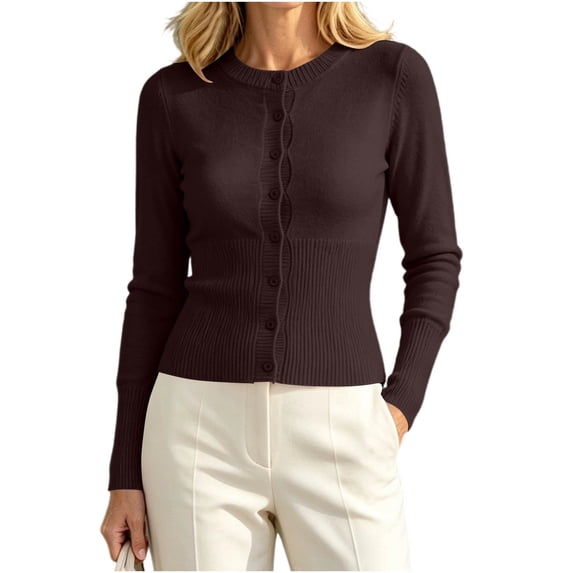 Cmfcve Womens Button Down Long Sleeve Knit Cardigans Crew Neck Slim Fit Cardigan Sweater