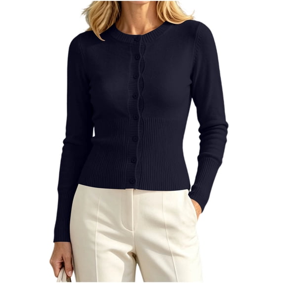 Cmfcve Womens Button Down Long Sleeve Knit Cardigans Crew Neck Slim Fit Cardigan Sweater