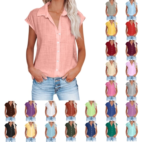 Cmfcve Womens Button Down Shirts Cotton Linen Short Sleeve Blouses 2026 Summer V Neck Basic Casual Tops for Women S-5XL
