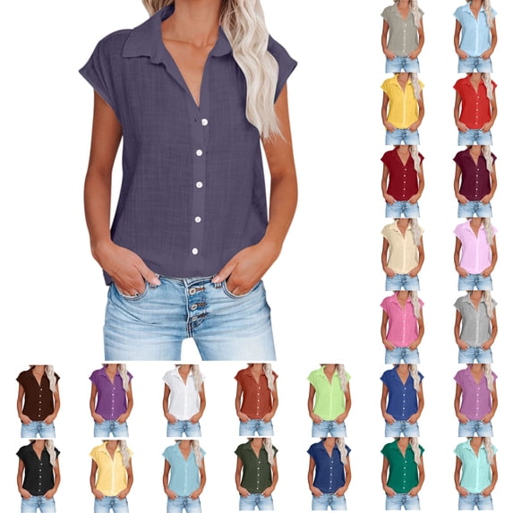 Cmfcve Womens Button Down Shirts Plus Size Cotton Linen Short Sleeve Blouses 2026 Summer V Neck Basic Casual Tops for Women S-5XL
