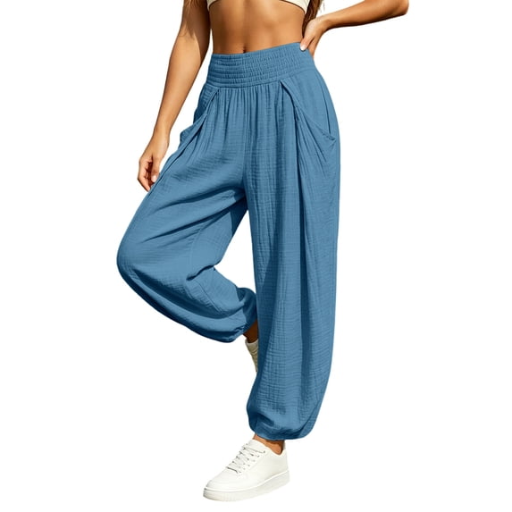 Cmfcve Womens Cotton Harem Pants Elastic High Waist Long Pants Ruched Lightweight Loose Fit Gauze Trousers with Pocket