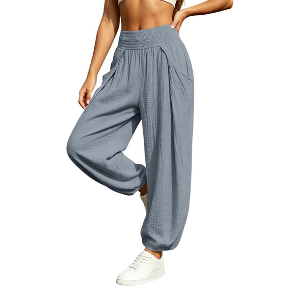 Cmfcve Womens Cotton Harem Pants Elastic High Waist Long Pants Ruched Lightweight Loose Fit Gauze Trousers with Pocket