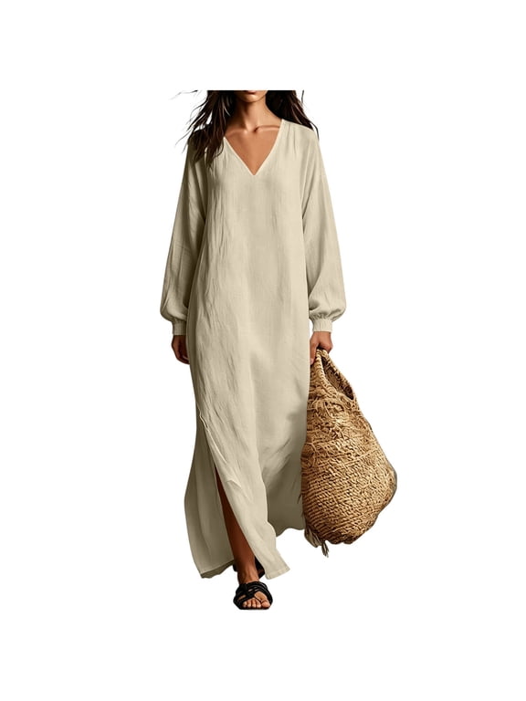 Womens Cotton Linen Long Dress V Neck Balloon Long Sleeve Loose Fit Casual Dress Solid Side Slit Summer Daily Maxi Dress