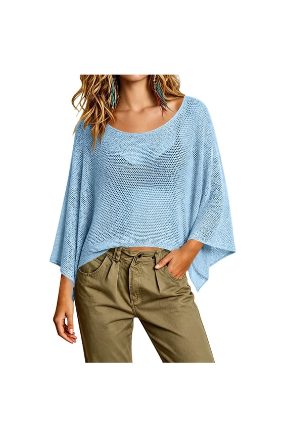 Womens Crochet Batwing Sleeve Crop Tops Lightweight Summer Boho Knit Sheer Mesh Poncho Tops