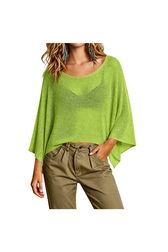 Womens Crochet Batwing Sleeve Crop Tops Lightweight Summer Boho Knit Sheer Mesh Poncho Tops